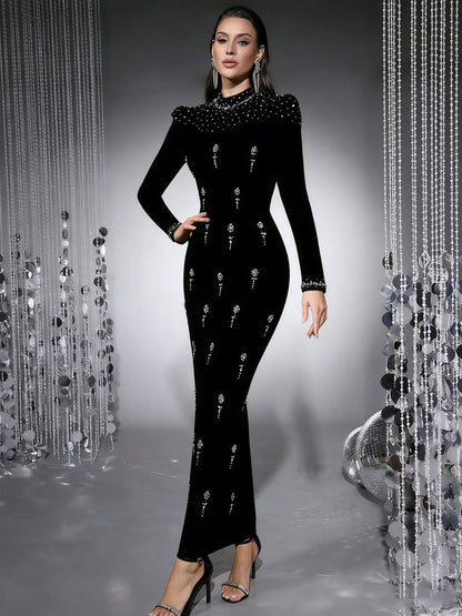 Brielle Sequined Long-Sleeve Bandage Maxi Dress