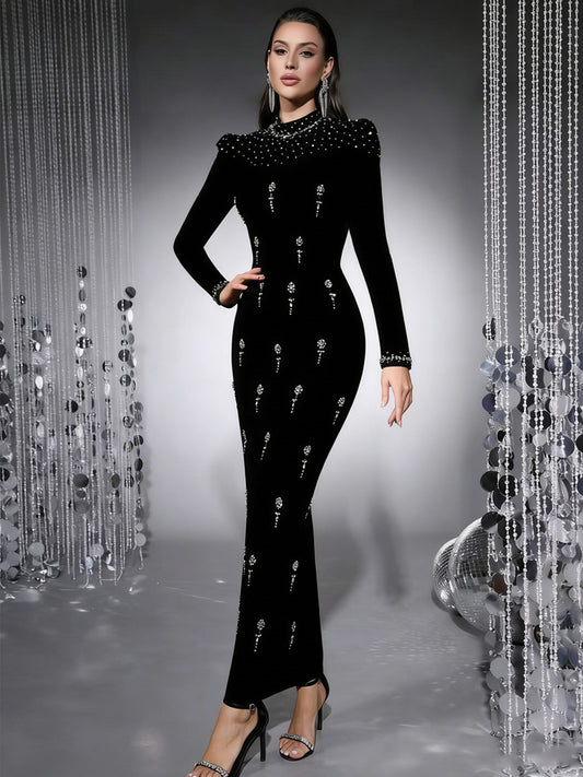 Brielle Sequined Long-Sleeve Bandage Maxi Dress
