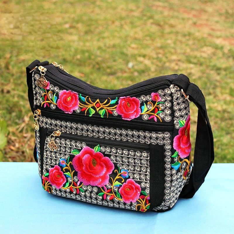 New Ethnic Style Women'S Embroidery Bag Large Capacity Multi Layer Embroidery One Shoulder Crossbody Cosmetic Bag