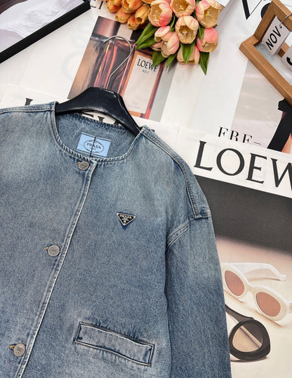 Prada 2025 Three-button Triangle Logo Denim Cropped Jacket Blue Cotton