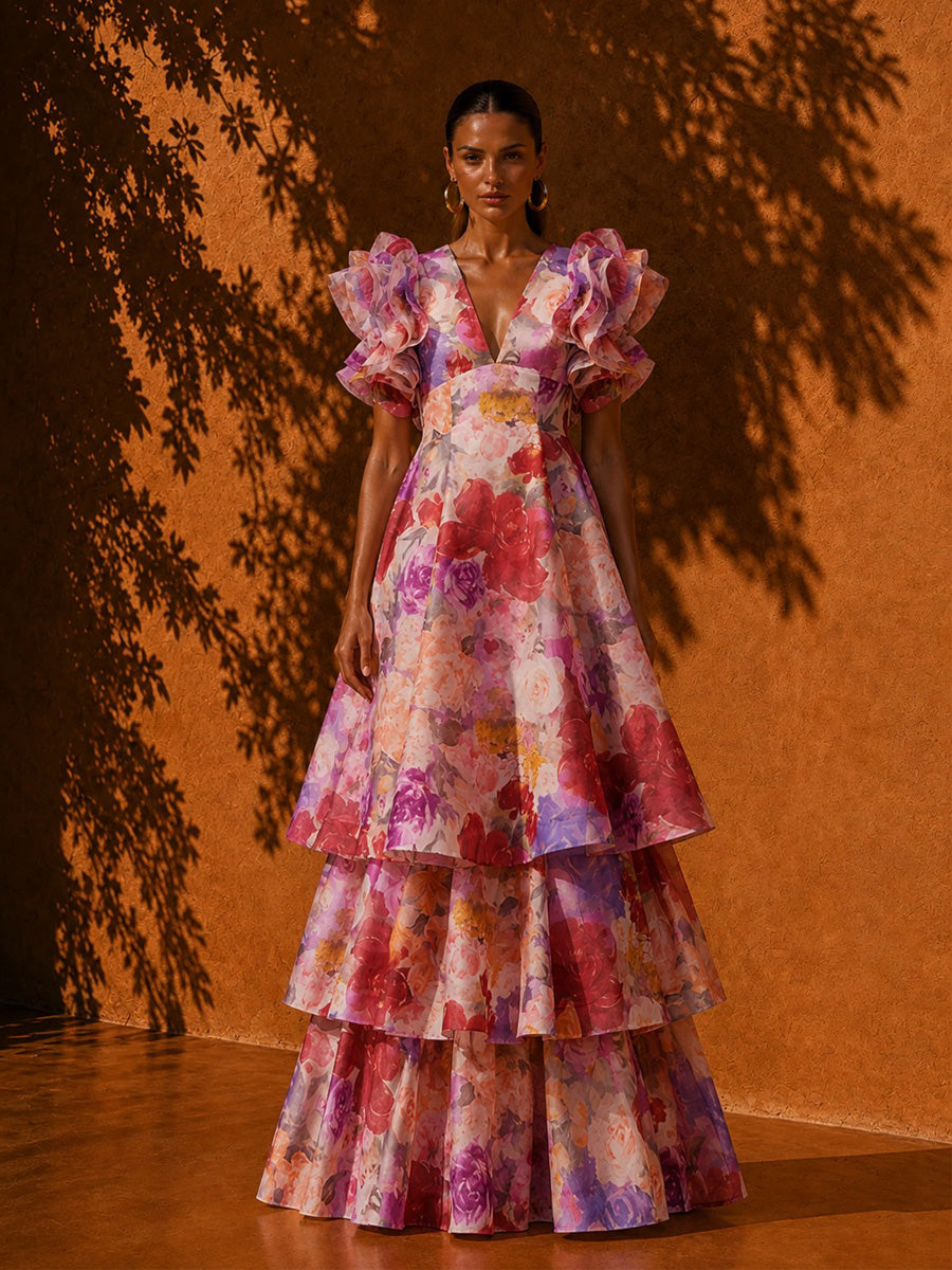 Sophia Printed Ruffled-Sleeve Tiered Maxi Dress
