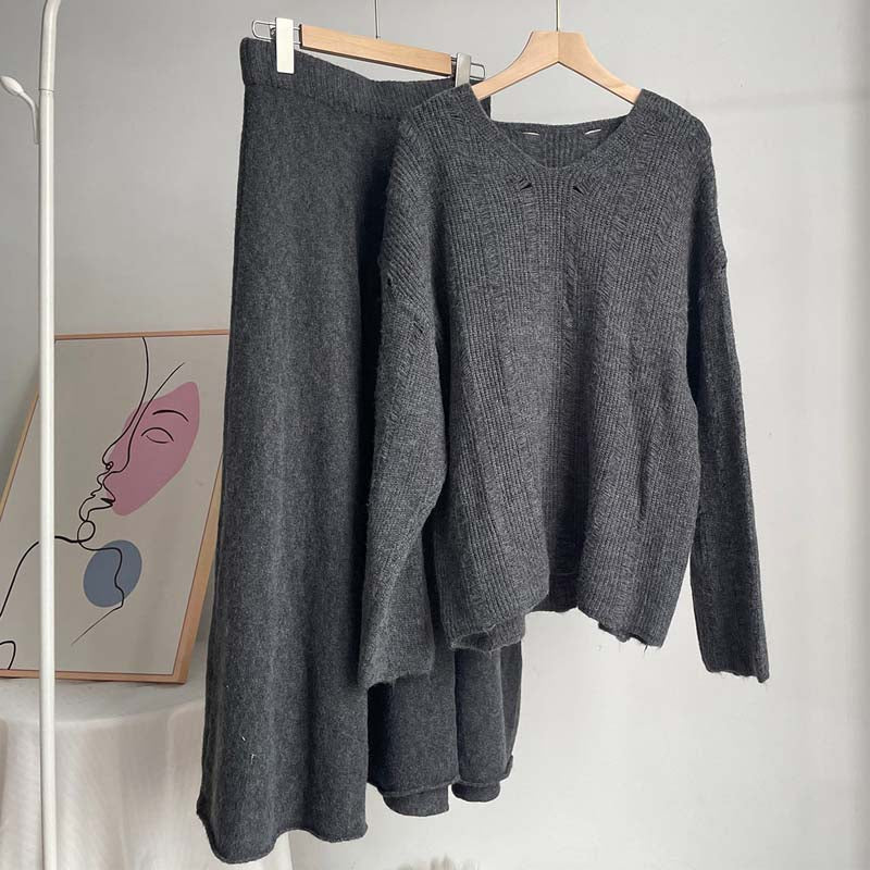 Solid Color Loose Knit Sweater Maxi Skirt Set