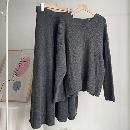 Solid Color Loose Knit Sweater Maxi Skirt Set