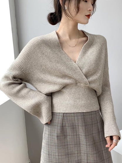 Stylish 6 Colors Knitting V-Neck Asymmetric Sweater