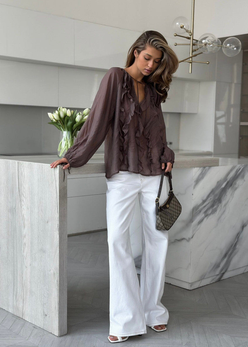 Sheer Polyester Blouse With Ruffle Tie Details