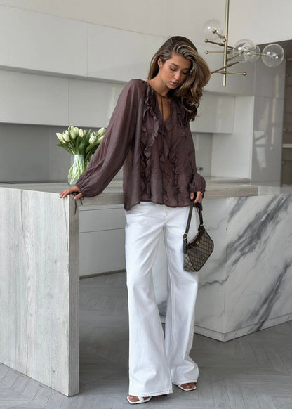 Sheer Polyester Blouse With Ruffle Tie Details