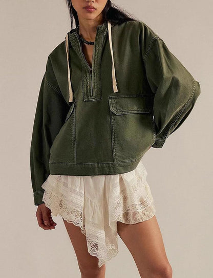 Casual Washed Denim Long Sleeve Hoodie