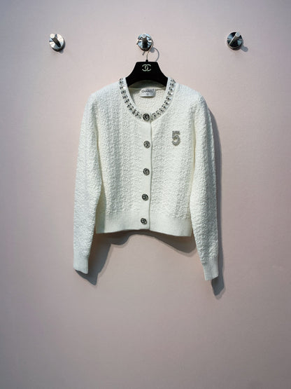 Chanel 25 Round Neck Sequined Custom Button Knit Cardigan Wool 317963