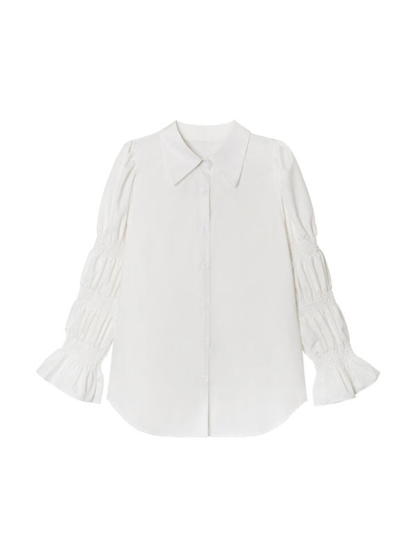 Puff Sleeves Pleated Solid Color Split-Joint Lapel Blouses