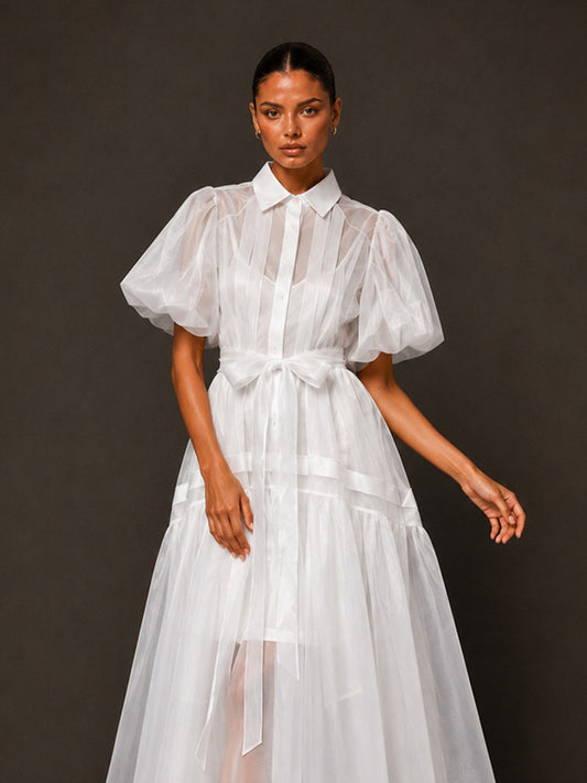 Ariana Midi Dress with Bow Detail In White