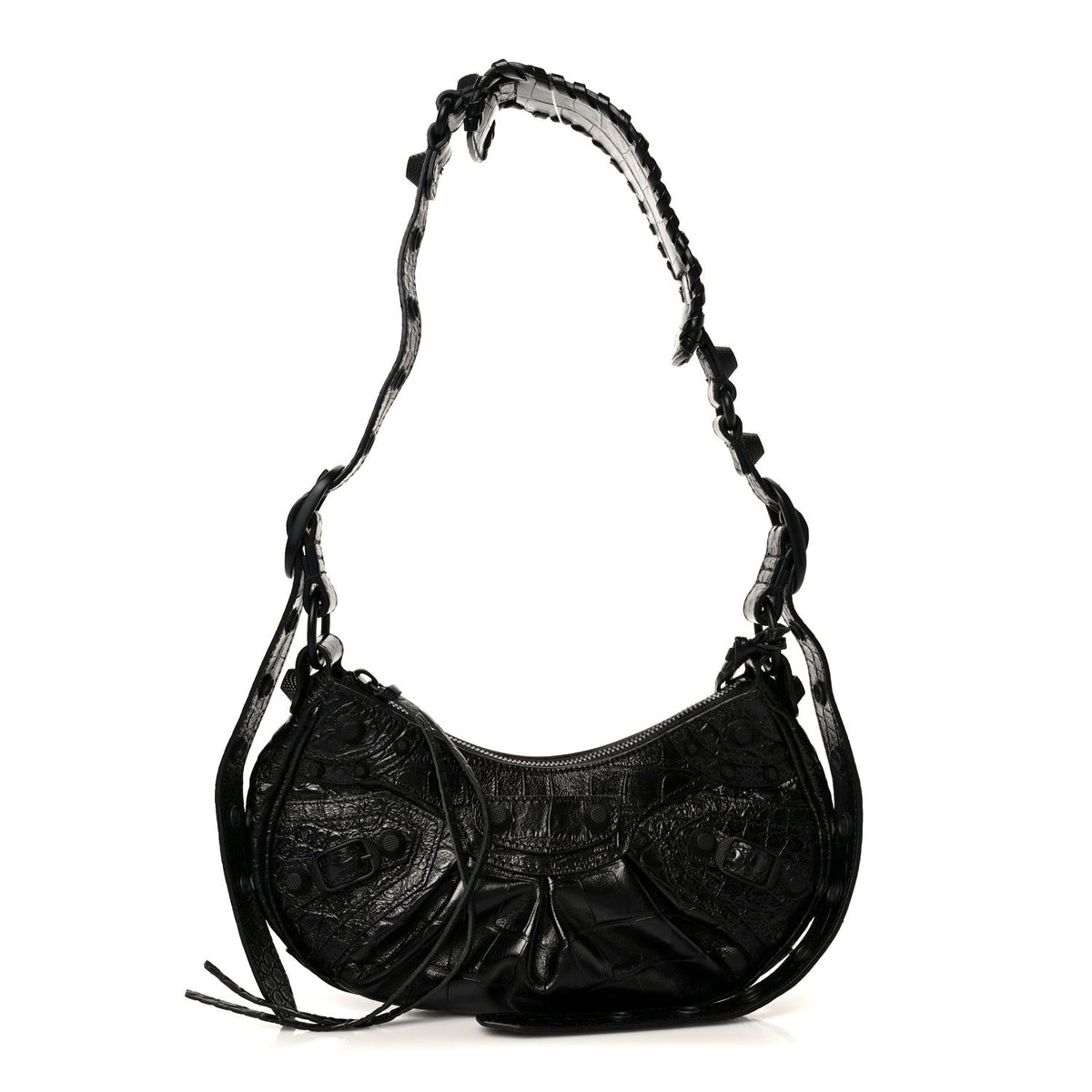 Extra Supple Calfskin Crocodile Embossed Monochrome Le Cagole Shoulder Bag XS Black