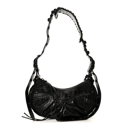 Extra Supple Calfskin Crocodile Embossed Monochrome Le Cagole Shoulder Bag XS Black