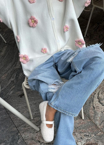 3D Floral Knit Cardigan With V Neck