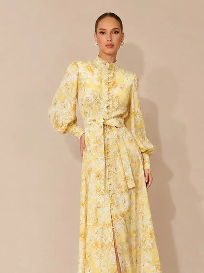 Karolina Lace-Up Lantern Sleeve Maxi dress