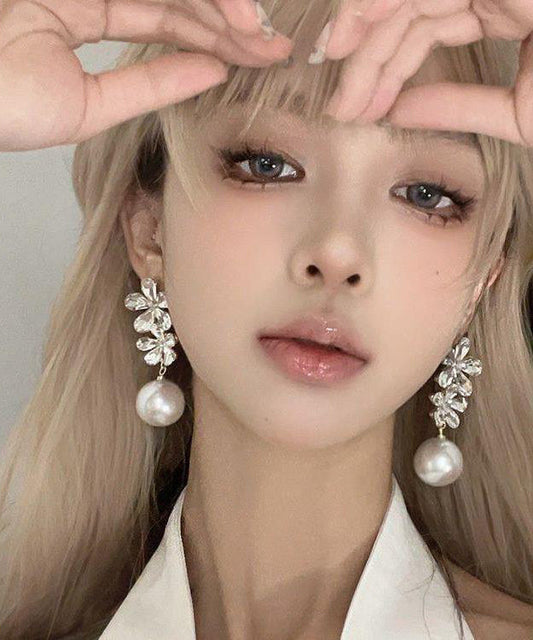 Stylish White Copper Overgild Zircon Pearl Floral Drop Earrings