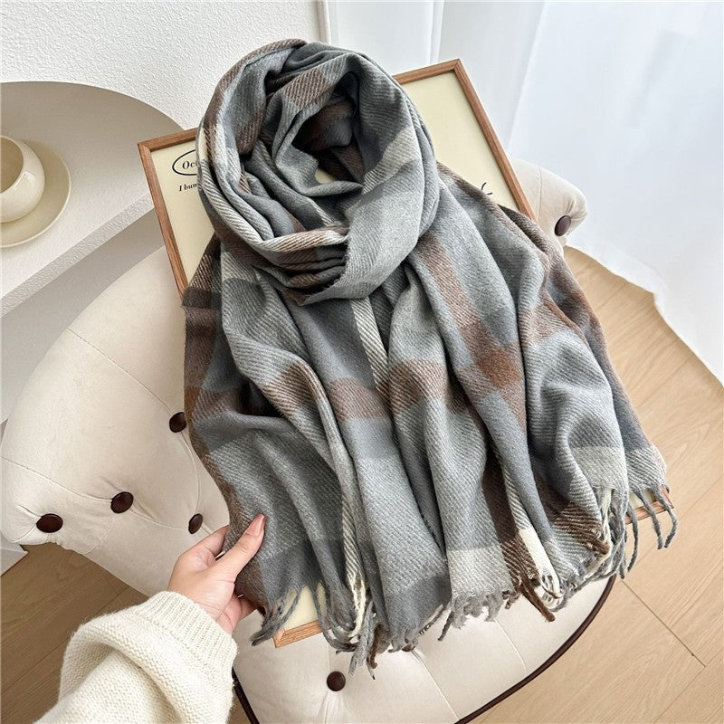 Color Block Plaid Fringe Scarf