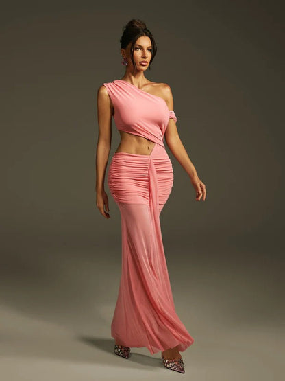 Lakia Cutout Ruched Mesh Maxi Dress