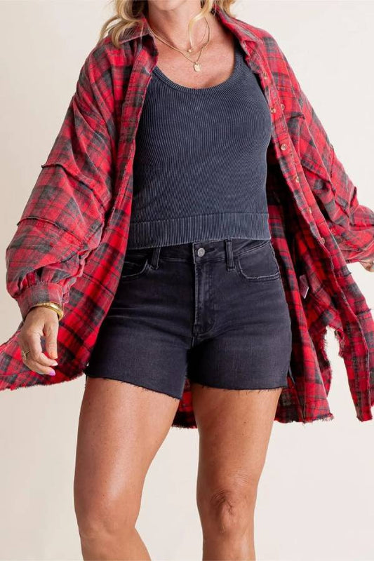 Women's Mineral Washed Button Down Plaid Flannel Shirt