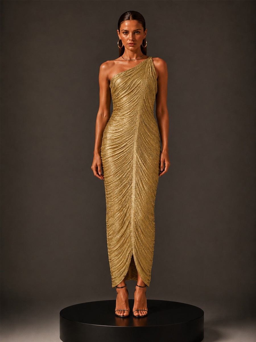 Luna One-Shoulder Tasseled Bandage Maxi Dress In Gold