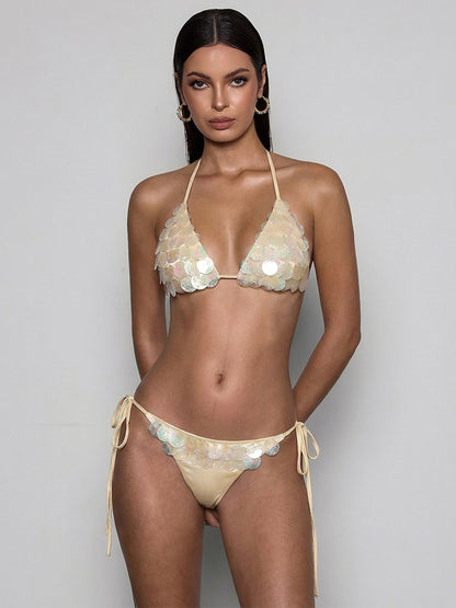 Nalani Sequin Bikini Two Piece Set In Beige
