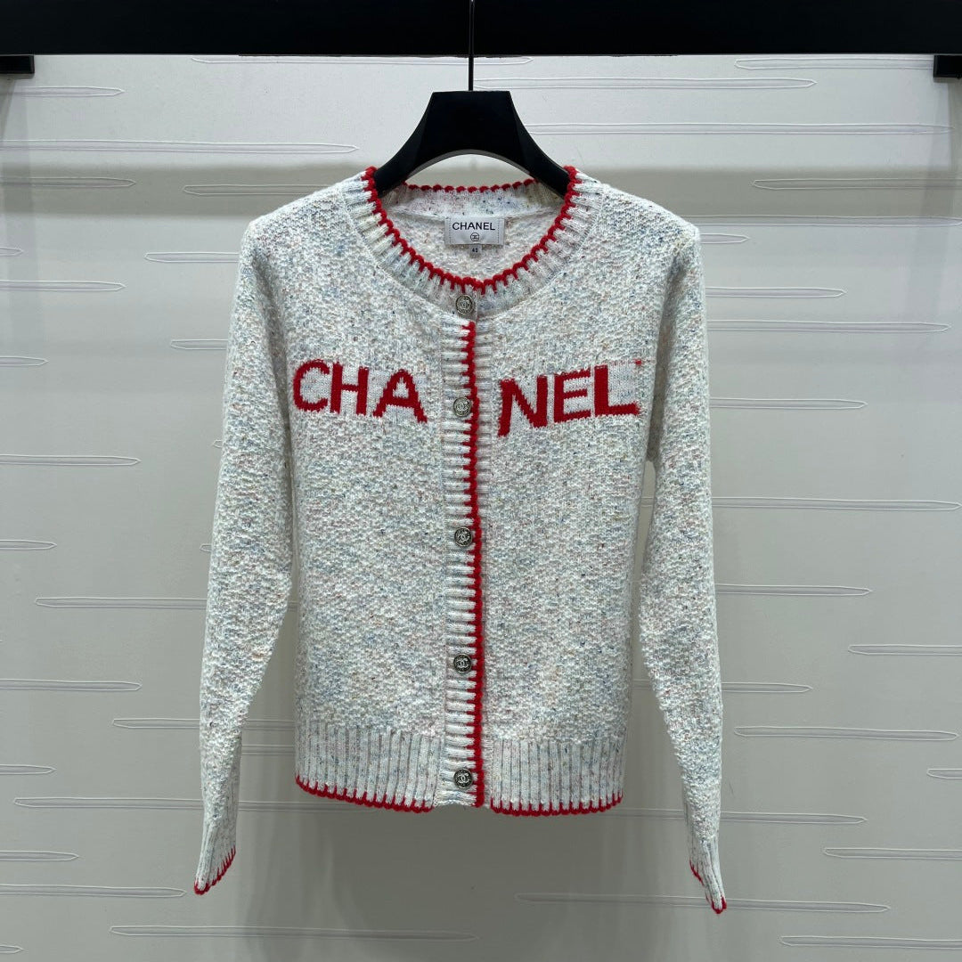 CC 26s Color-Blocked Woven Crew Neck Cardigan Grey Red 344112