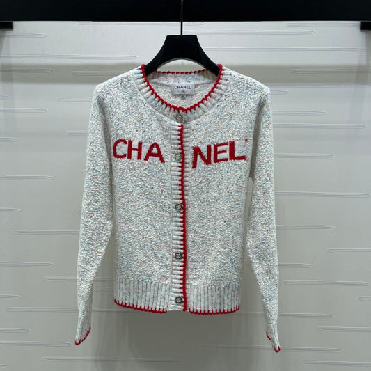CC 26s Color-Blocked Woven Crew Neck Cardigan Grey Red 344112