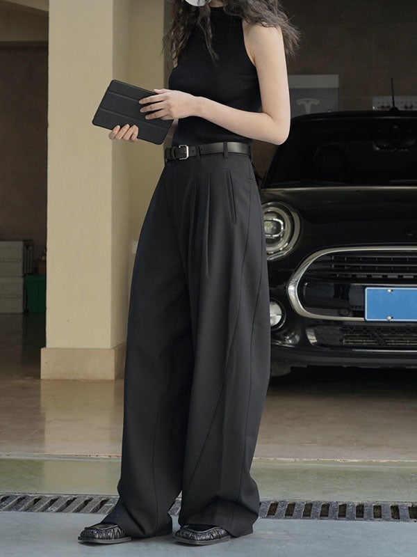 High Waisted Loose Pleated Solid Color Split-Joint Casual Pants Bottoms Trousers