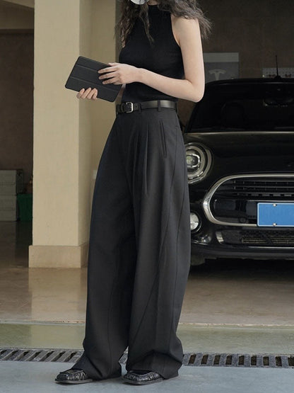 High Waisted Loose Pleated Solid Color Split-Joint Casual Pants Bottoms Trousers
