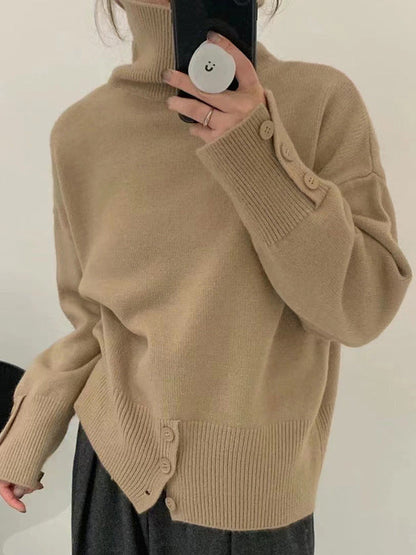 Simple Loose Long Sleeves Solid Color High-Neck Sweater Tops