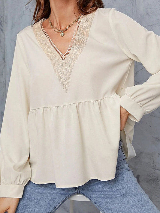 Long Sleeves Loose Embroidered Solid Color Split-Joint Blouses&Shirts Tops