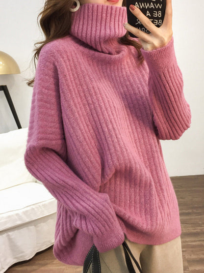 Casual Long Sleeves Loose Solid Color High-Neck Sweater Tops