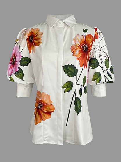 Puff Sleeves Asymmetric Floral Printed Split-Joint Lapel Blouses&Shirts Tops