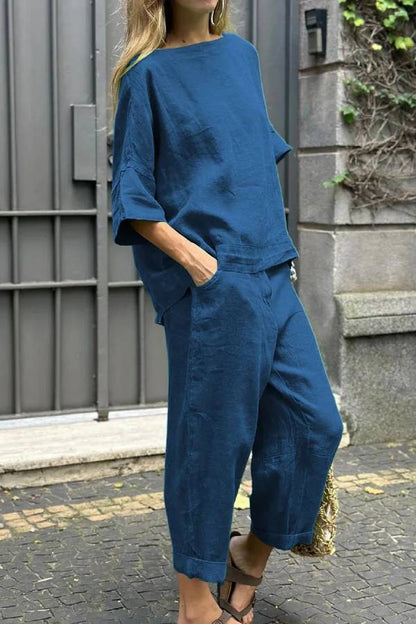 Casual Solid Color Crewneck Top \u0026 Pants Cotton Linen Two-piece Set