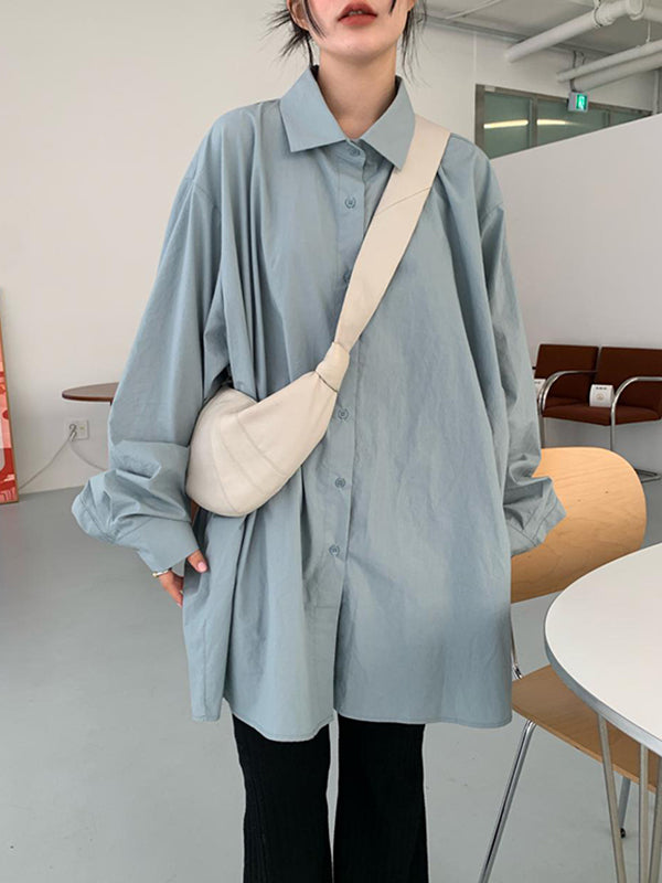 Long Sleeves Loose Buttoned Hollow Pleated Solid Color Split-Joint Lapel Blouses&Shirts Tops