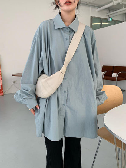 Long Sleeves Loose Buttoned Hollow Pleated Solid Color Split-Joint Lapel Blouses&Shirts Tops