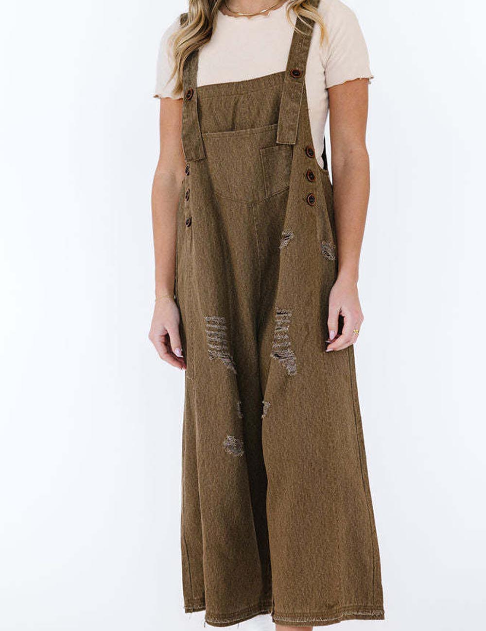 Distressed Rippd Loose Wide Leg Bib Overalls