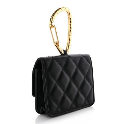 Lambskin Quilted CC Hook Card Holder Black