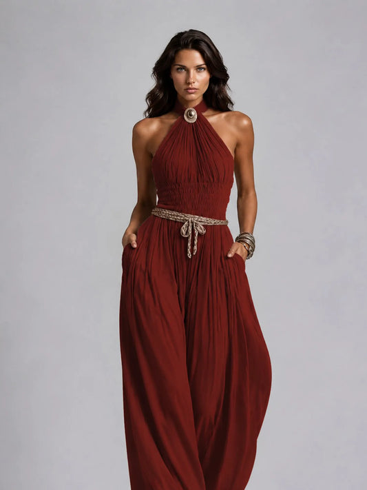 Taylor Pleated Halter-Neck Wide-Leg Jumpsuit