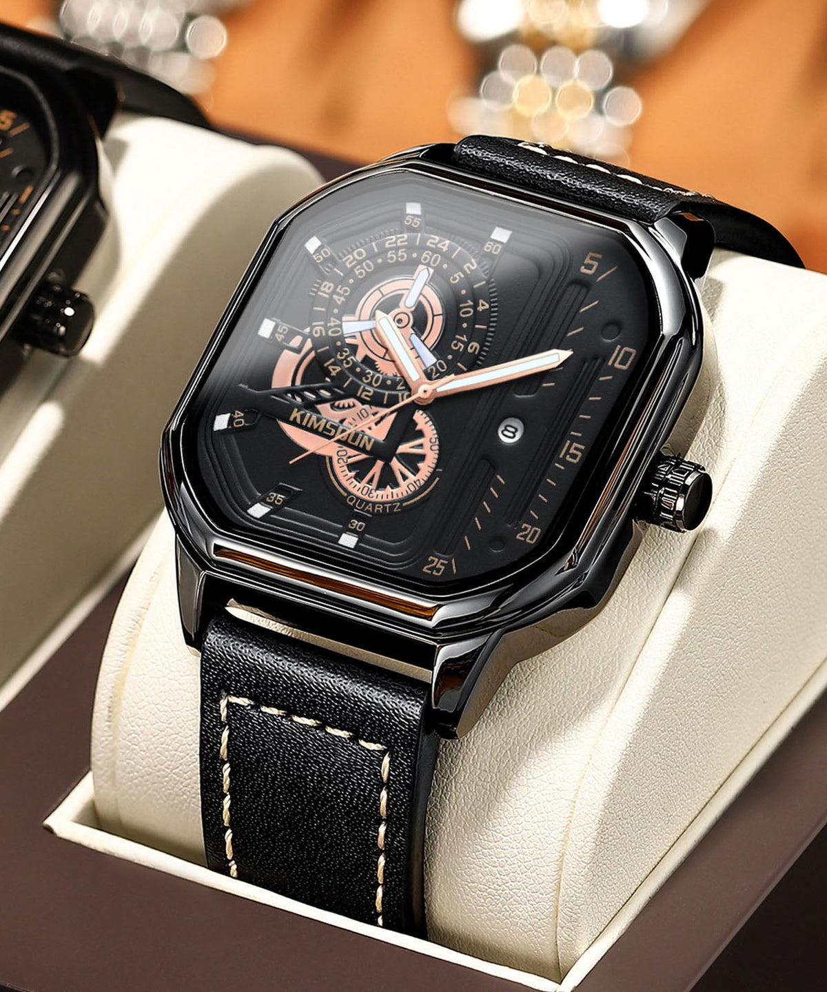 Unique Black Leather Quartz Movement Noctilucent Watches