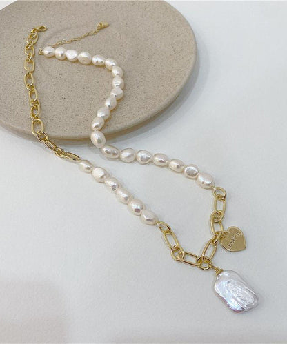 Unique White Copper Overgild Asymmetrical Pearl Pendant Necklace