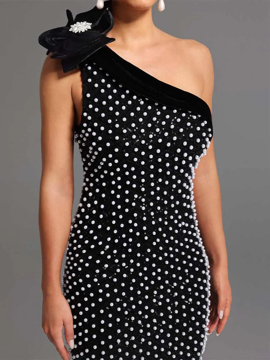 Calla One Shoulder Flower Diamond Pearls Midi Dress