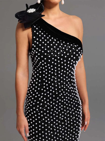 Calla One Shoulder Flower Diamond Pearls Midi Dress