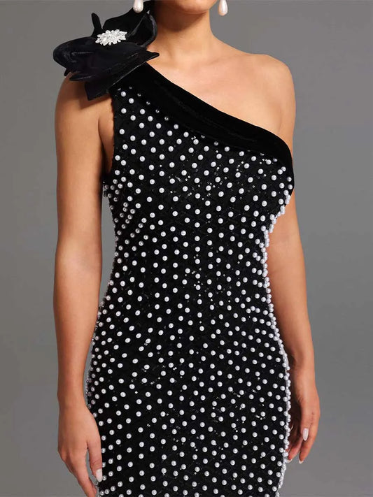 Calla One Shoulder Flower Diamond Pearls Midi Dress