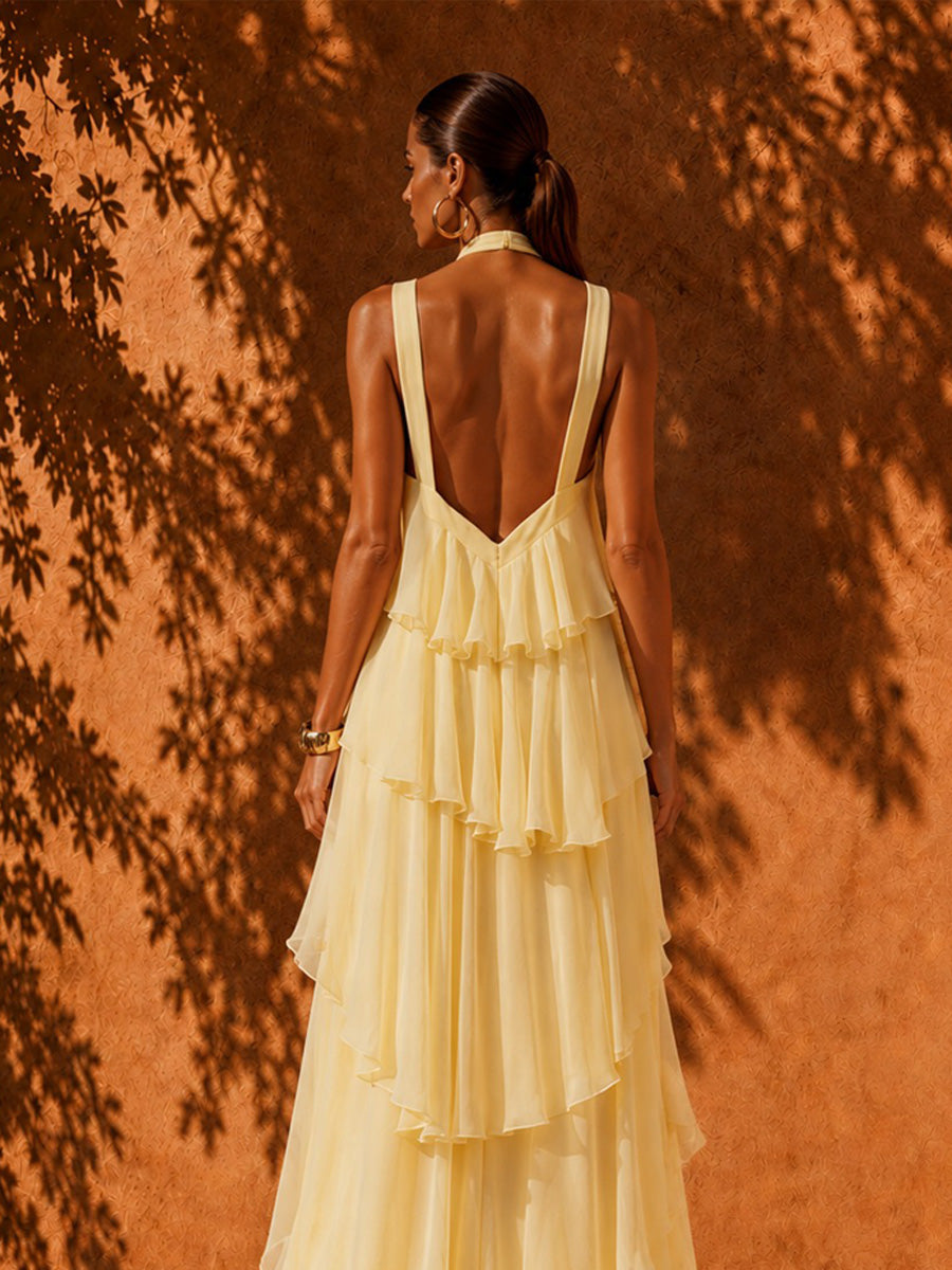 Luna Layered-Detail Backless Asymmetrical Maxi Dress