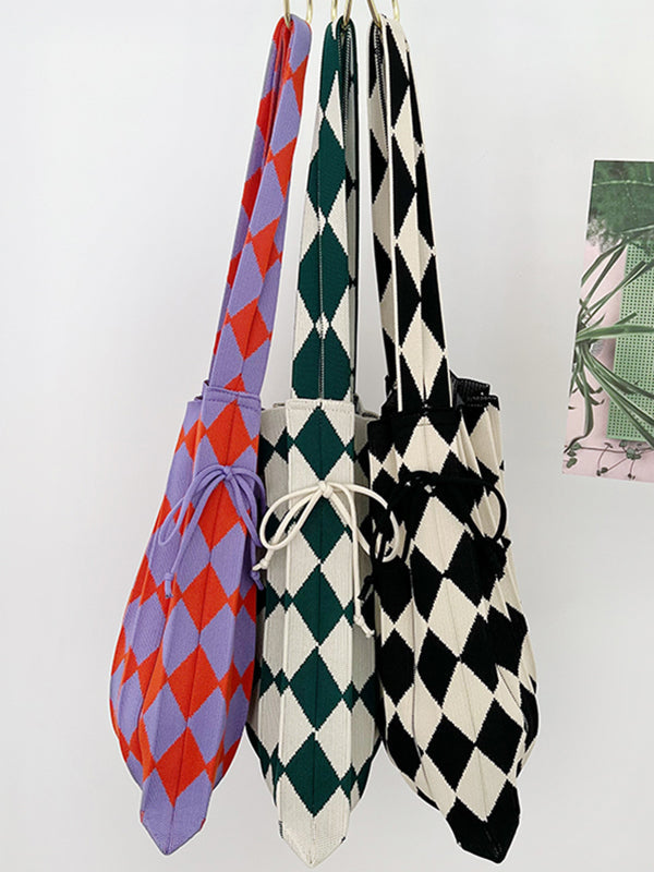 Contrast Color Drawstring Pleated Rhombus Woven Handbags