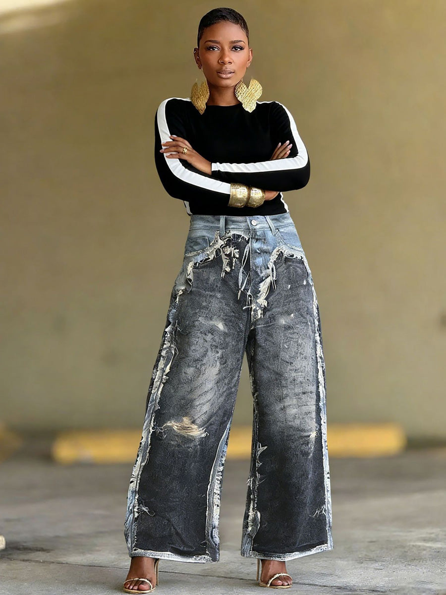 Chiara Distressed Faux Two-Piece 3D Printed Jeans