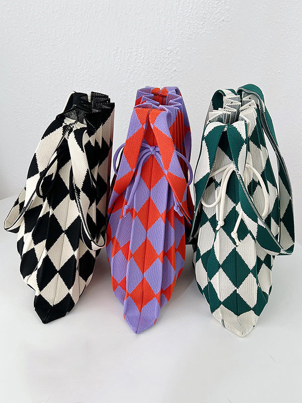 Contrast Color Drawstring Pleated Rhombus Woven Handbags