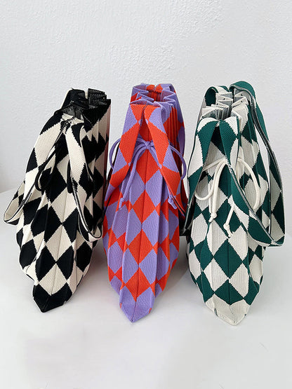Contrast Color Drawstring Pleated Rhombus Woven Handbags
