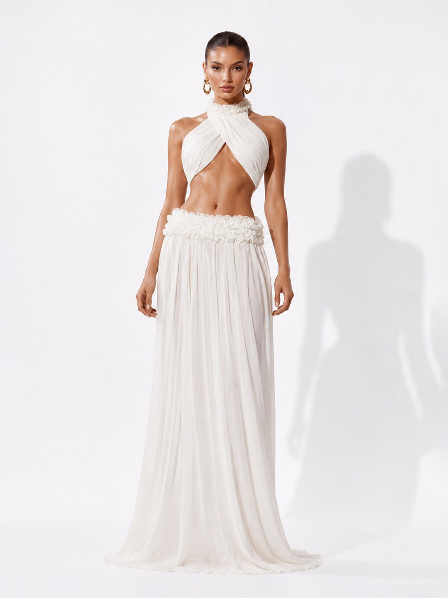 Persephone Crisscross Halter Top and Ruffled Maxi Skirt Set