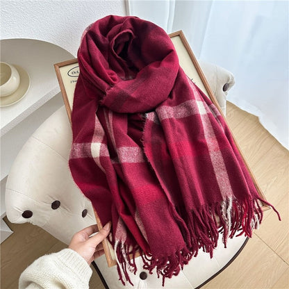 Color Block Plaid Fringe Scarf